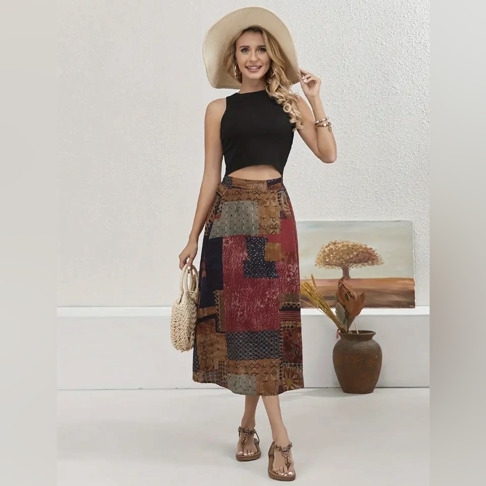 Boho patchwork print maxi skirt.